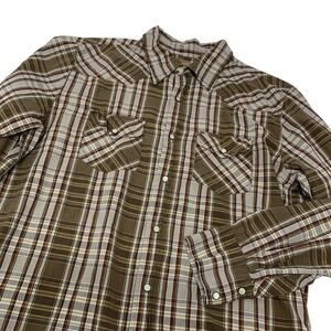 Fossil Western Pearl Snap Brown‎ Plaid  Shirt Men Large 100% Cotton Long Sleeve